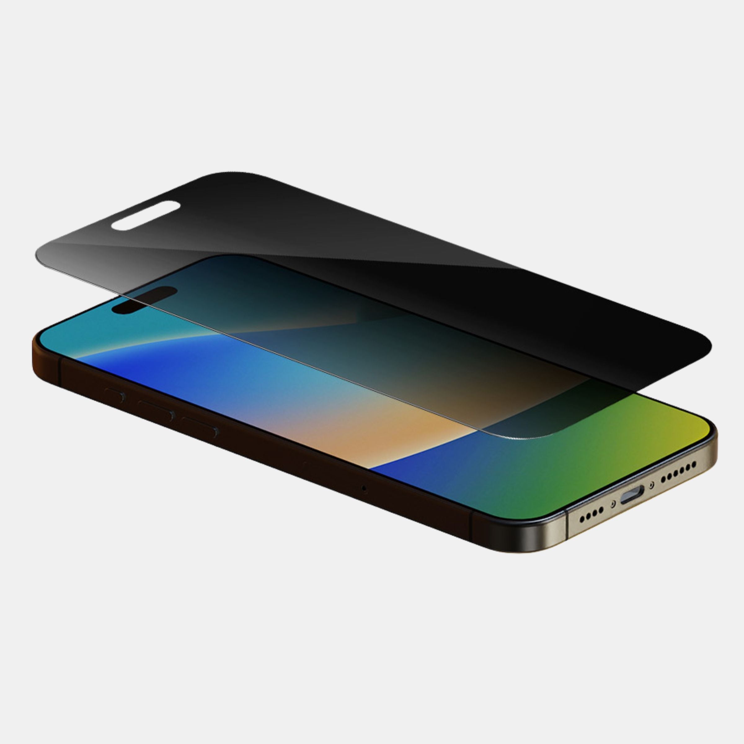 Privacy screen glass reflecting black at angles on iPhone 16 Plus