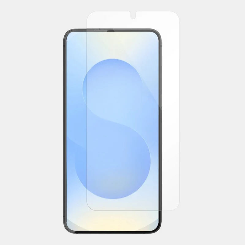 Close-up of clear tempered glass corner protection on Samsung Galaxy S25