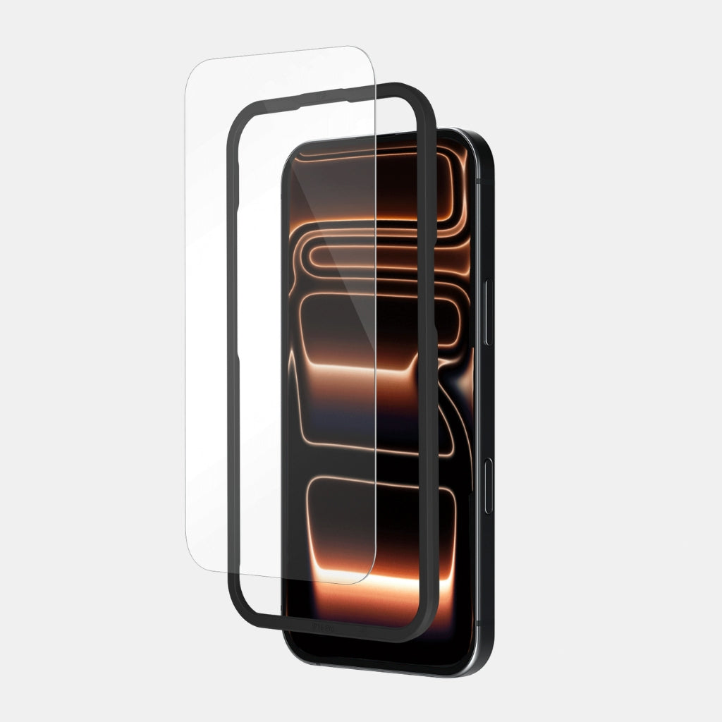 Close-up of clear tempered glass corner protection on iPhone 17 Pro