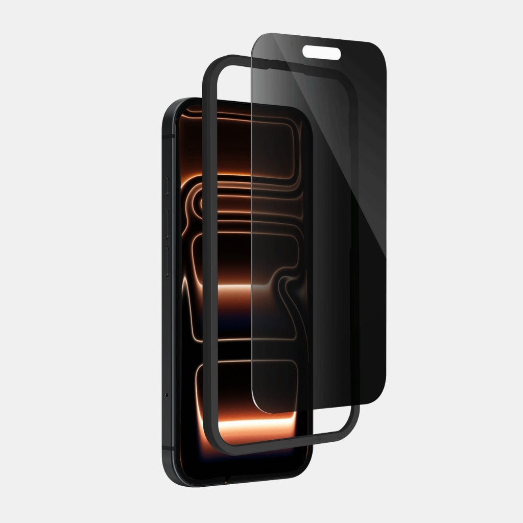 ArtsCase Elite Privacy tempered glass installed on iPhone 17 – front view
