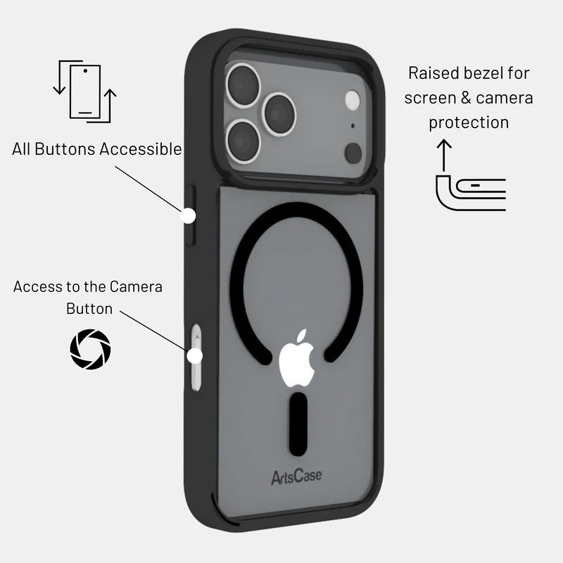 Slim profile of clear MagSafe case with raised bezels for camera protection