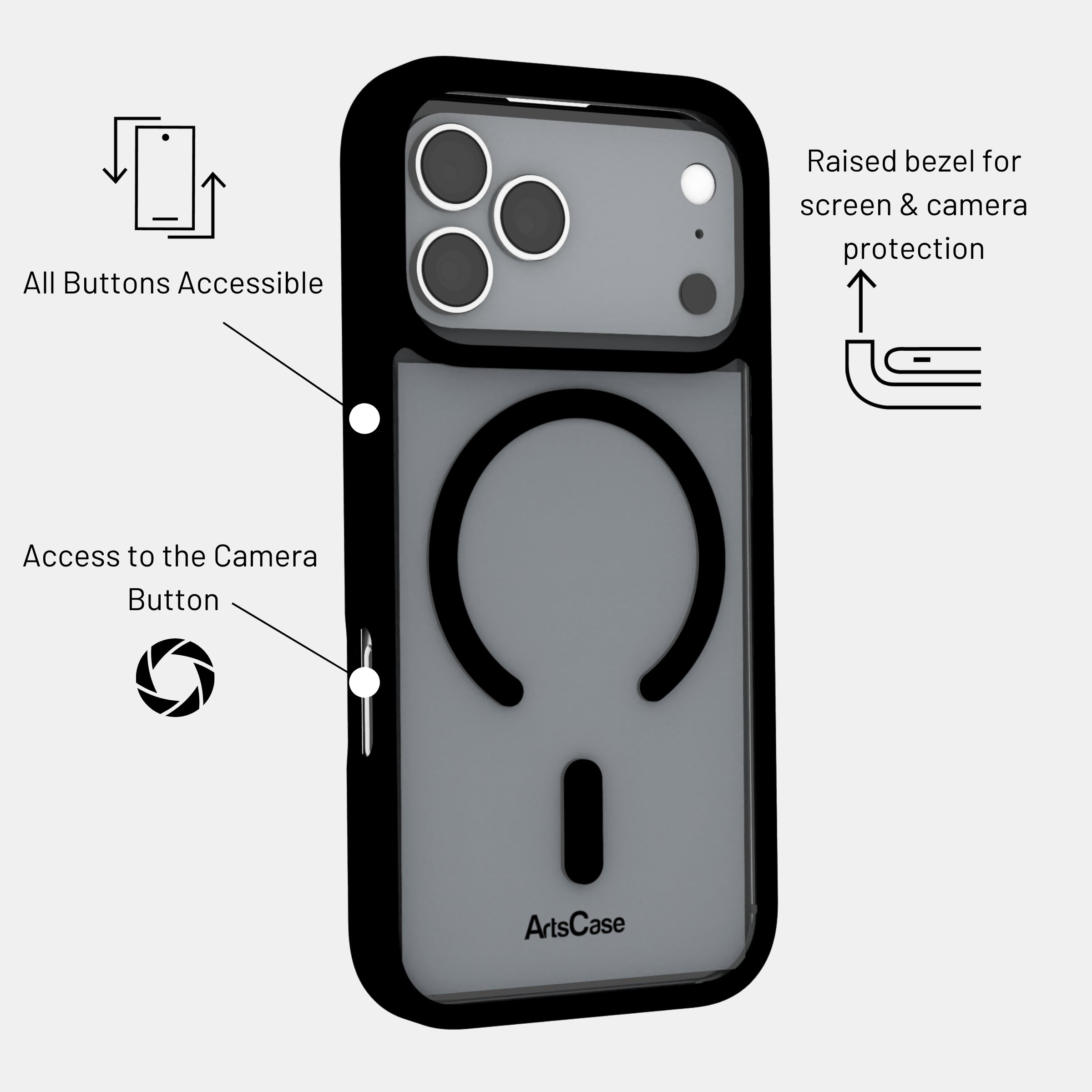 Slim profile of clear MagSafe case with raised bezels for camera protection
