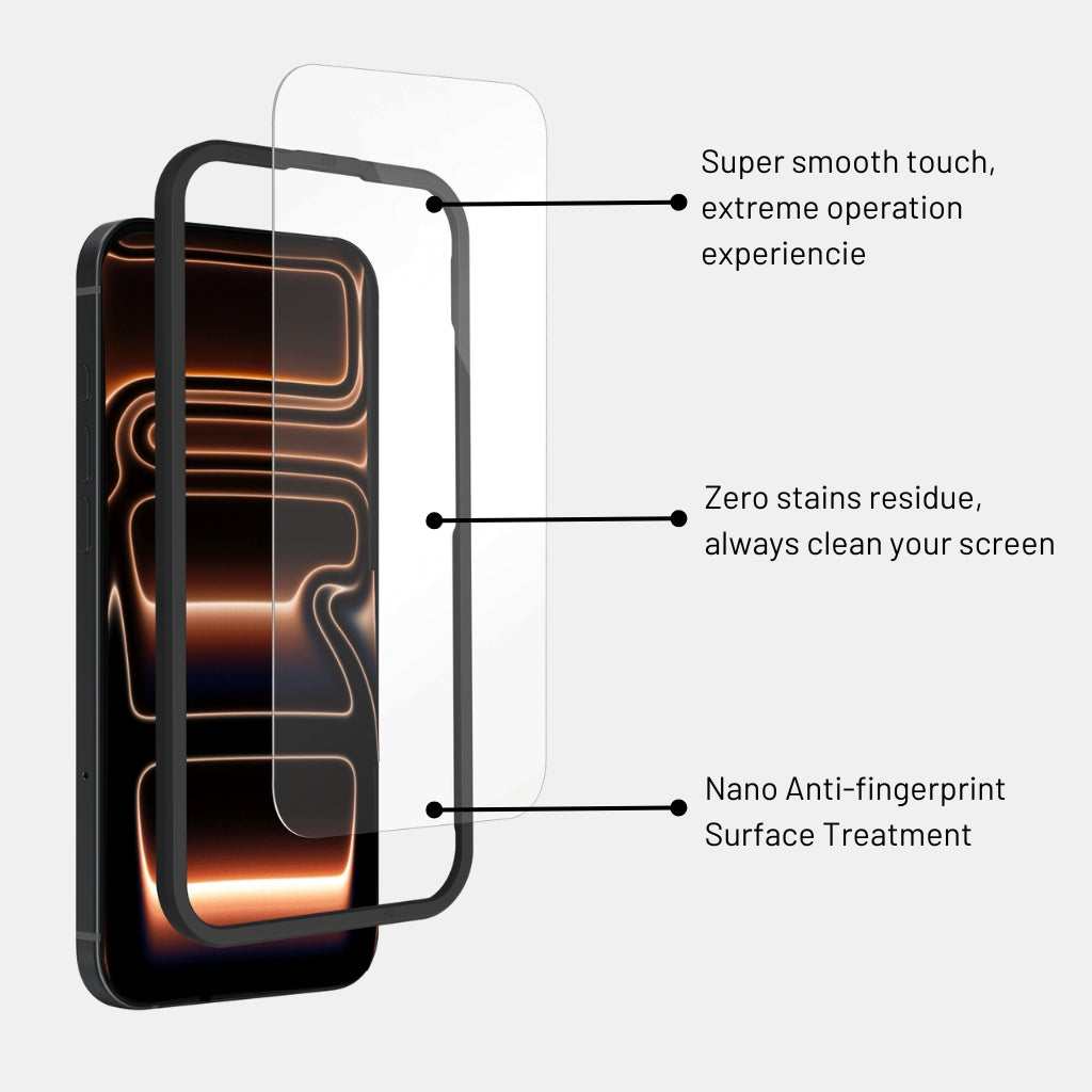 Close-up of clear tempered glass corner protection on iPhone 17 Pro