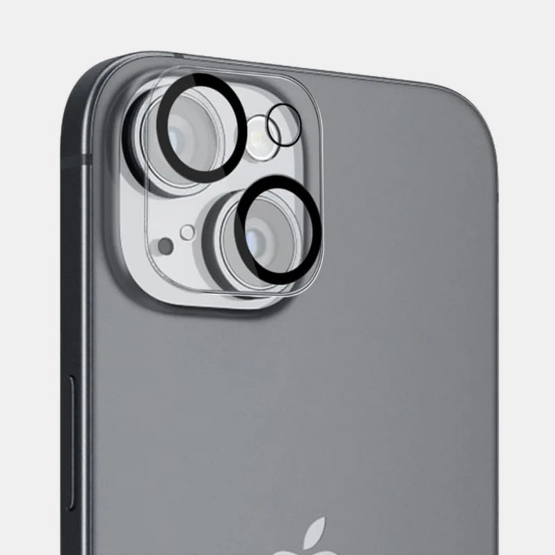 Close-up of tempered glass lens protector covering iPhone 15 cameras