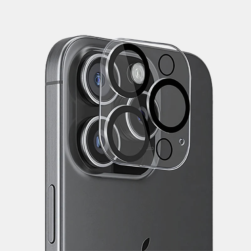 Close-up of tempered glass lens protector covering iPhone 15 Pro cameras