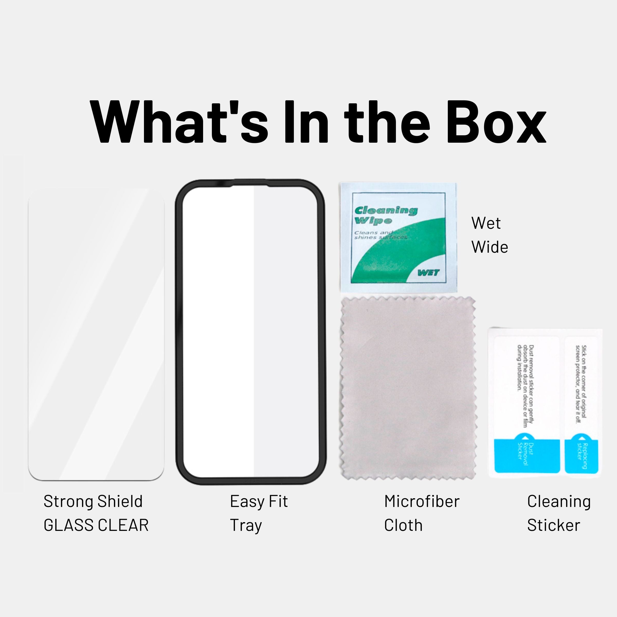 Install kit components for Ultra Clear screen protector shown with iPhone 15 Plus