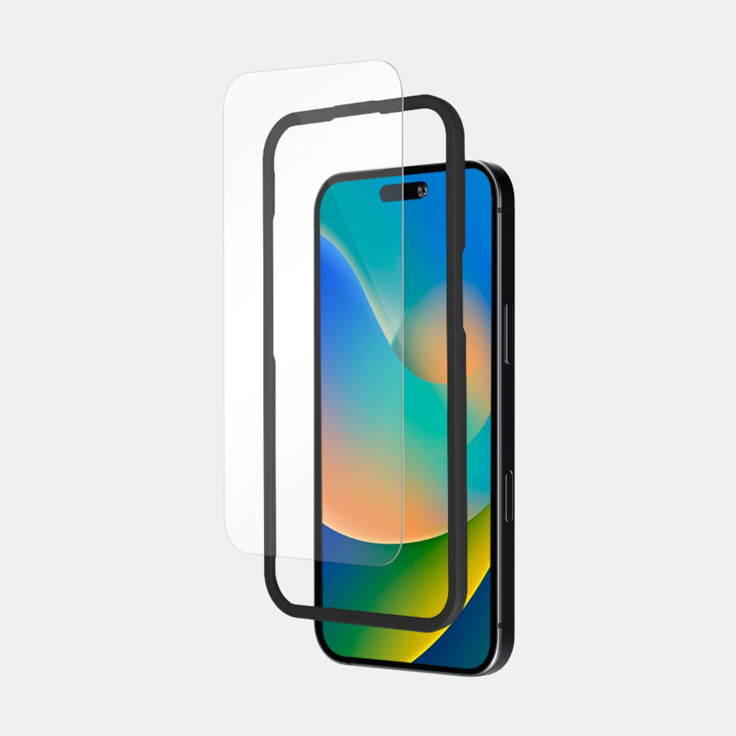 Close-up of clear tempered glass corner protection on iPhone 15 Plus
