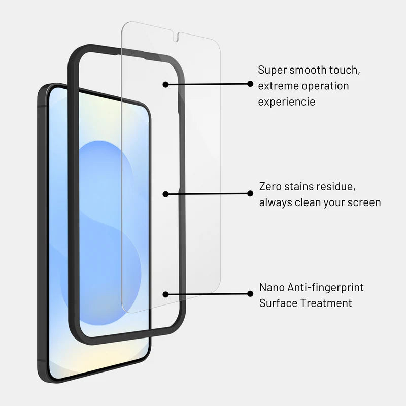 Anti-fingerprint coated surface of Ultra Clear protector on Samsung Galaxy S25