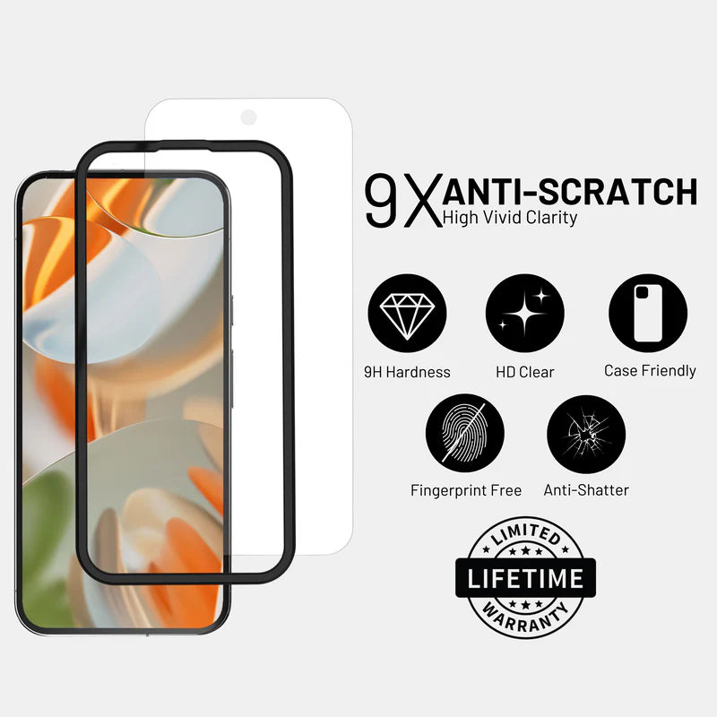 Close-up of clear tempered glass corner protection on Google Pixel 9 Pro